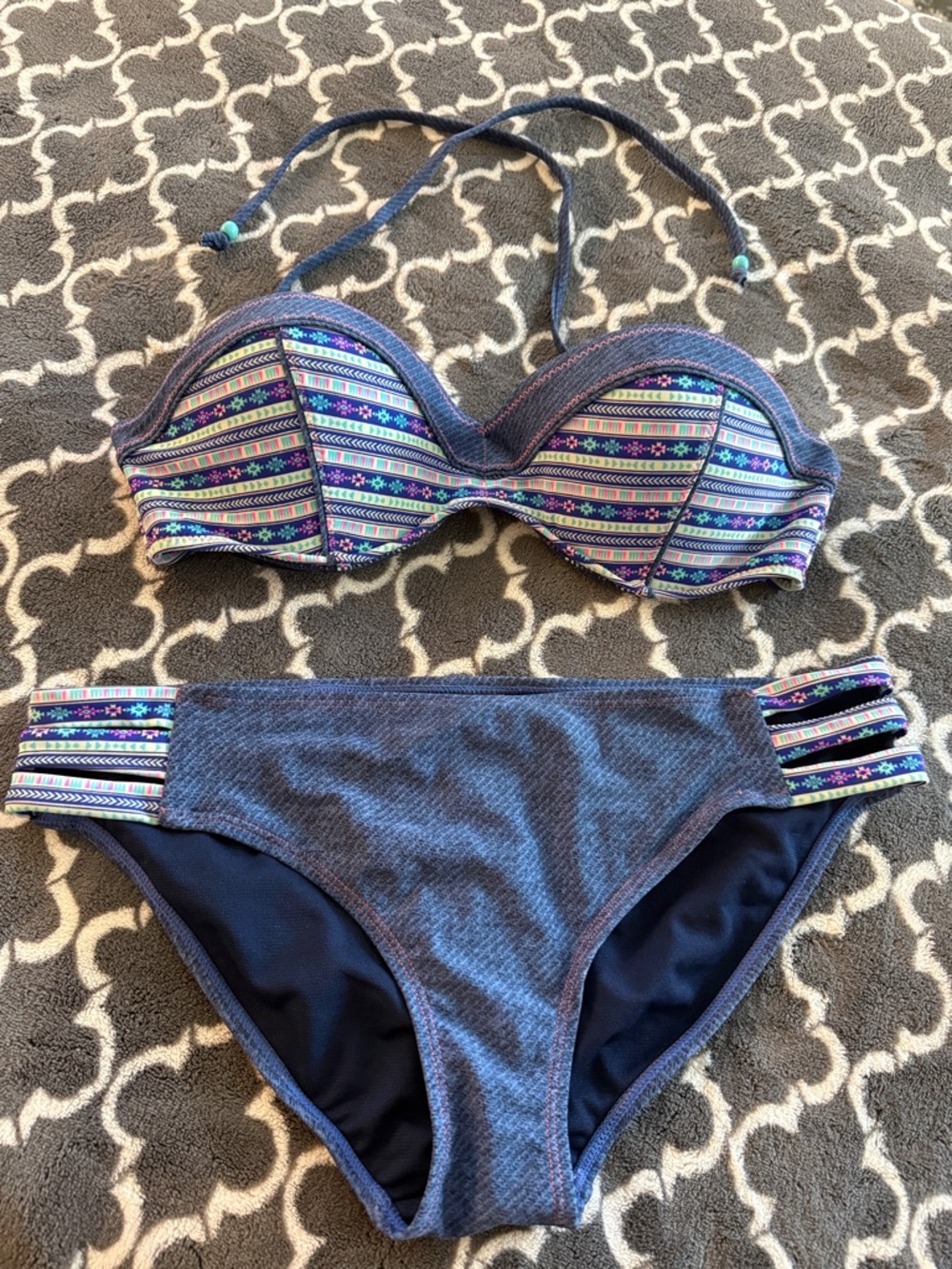 Striped Navy Blue Bandeau Bikini Set with Patterned Trim